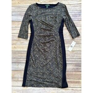 $139 New Ralph Lauren Womens Sheath Dress 10 Blue Geometric Ruched Wrap